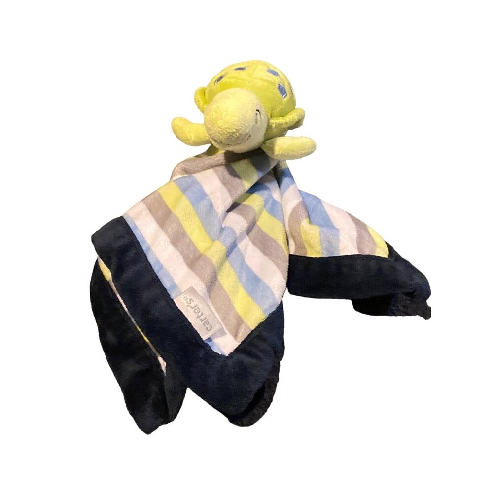 Carter's Turtle Green Blue White Gray Striped Plush Security Blanket  Lovey